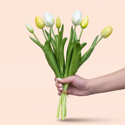 Tulpenboeket - Soft Light - ‘Real Touch’ Kunsttulpen - 7 stelen - 40 cm