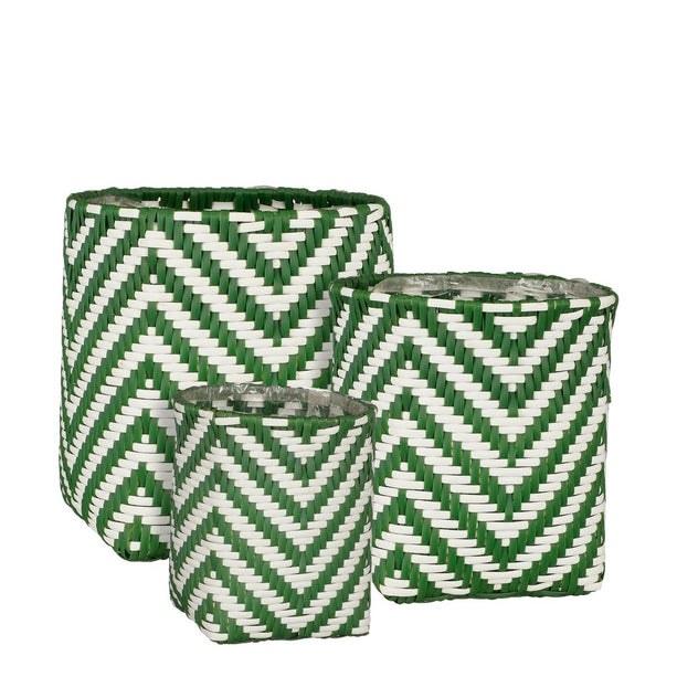 Merlijn Plantenmand voor Buiten - Set van 3 - H26 x Ø24 cm - Gerecycled Plastic - Donkergroen, Wit