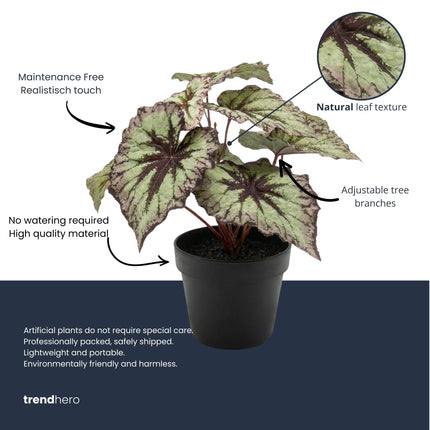 Begonia – Kunstplant in zwarte pot - Voor binnen & buiten – UV-bestendig - 26 cm