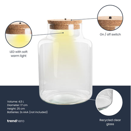 Terrarium fles ‘Little Milky’ - Incl. LED-kurk - Gesloten terrarium Ø 17 cm ↑ 25 cm