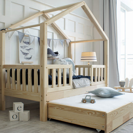 Woonhero bedhuis - Halvik - Naturel - Eenpersoonsbed 90x190 cm - Kinderbed + Lade met extra slaapplek