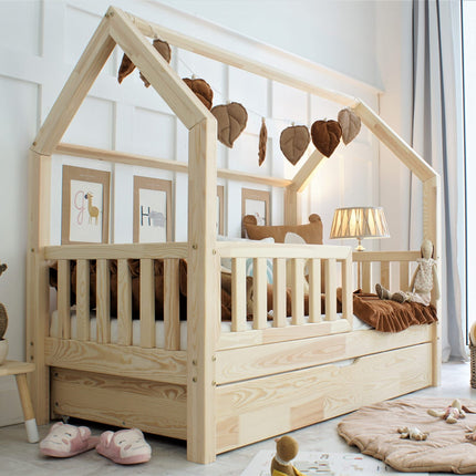 Woonhero bedhuis - Varde - Naturel - Eenpersoonsbed 90x190 cm - Kinderbed + Lade met extra slaapplek