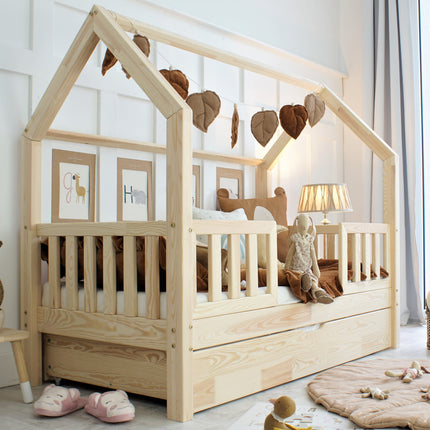 Woonhero bedhuis - Varde Duo - Naturel - Eenpersoonsbed 90x190 cm - Kinderbed + Lade met extra slaapplek