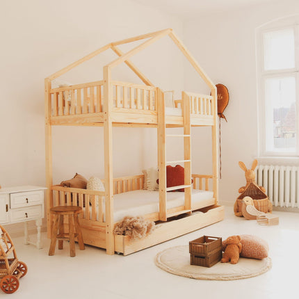 Woonhero stapelbed bedhuis - Motala - Naturel - 2x Eenpersoonsbed 90x190 cm - Kinderbed + Opberglade