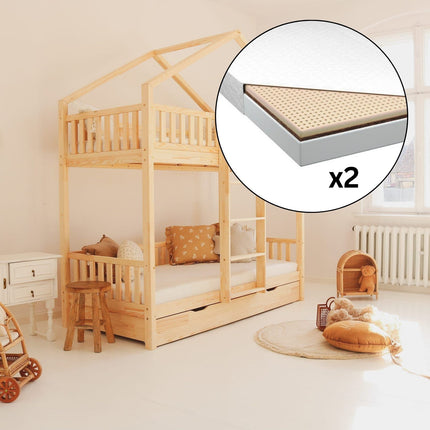 Woonhero stapelbed bedhuis - Motala - Naturel - 2x Eenpersoonsbed 90x190 cm - Kinderbed + Opberglade