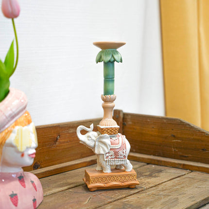 Kandelaar - Olifant roze/groen - Polyresin - 34,50 cm