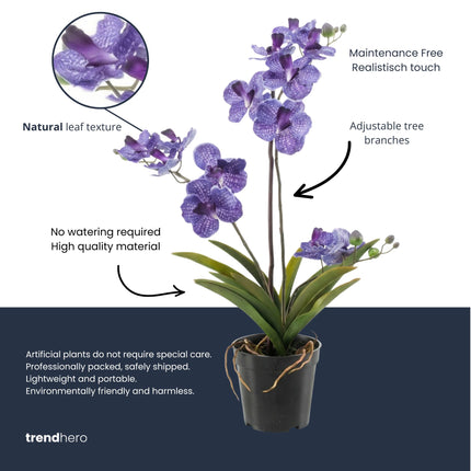 Orchidee Vanda Paars - Kunstplant in zwarte pot - 60 cm