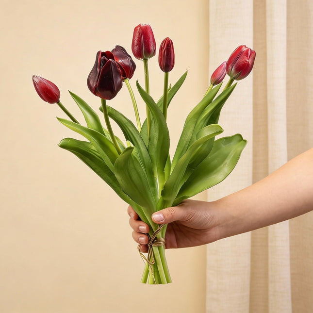 Tulpenboeket - Diep Rood - ‘Real Touch’ Kunsttulpen - 7 stelen - 40 cm