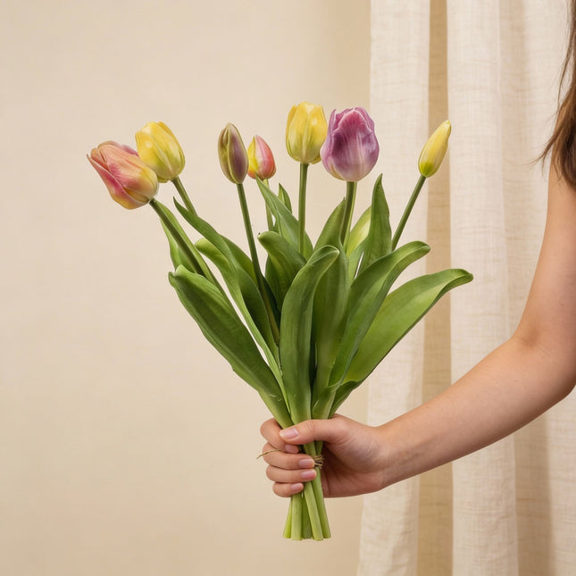 Tulpenboeket - Zachte Lente - ‘Real Touch’ Kunsttulpen - 7 stelen – 40 cm