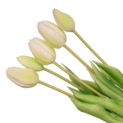 Tulpen boeket - 5 stuks - Wit/groen - 'Real Touch' Kunst tulpen - 42 cm (white/green)